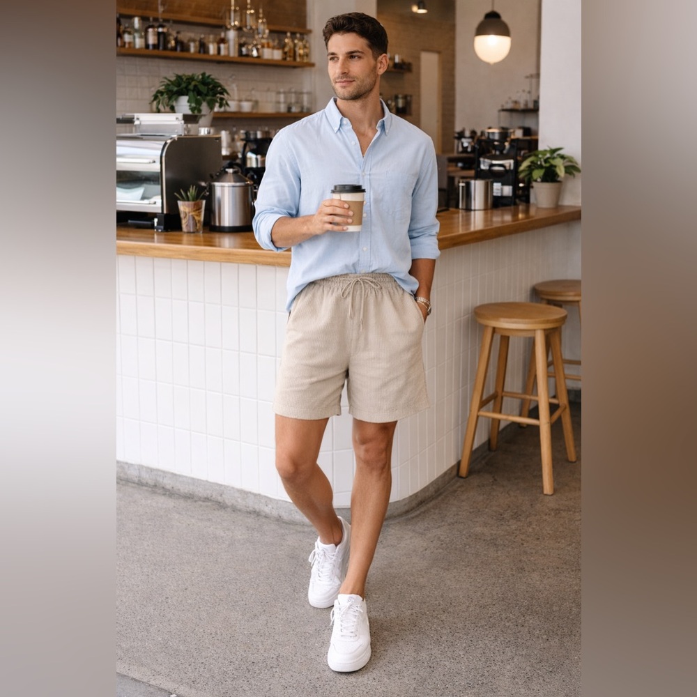 ONIA Pull-On Seersucker Khaki Shorts